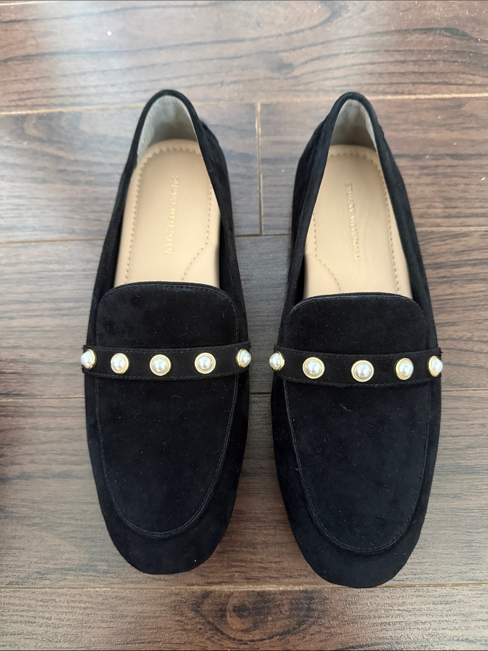 Stuart Weitzman Black Suede Pearl-Stud Loafers